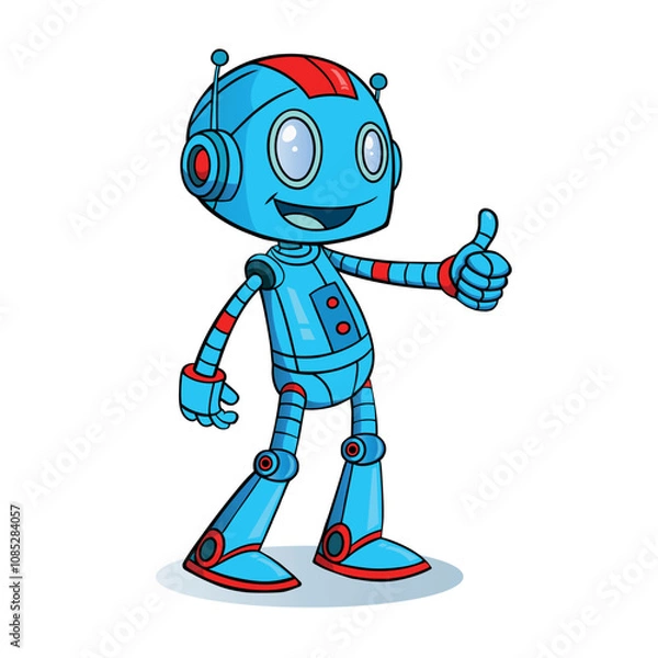 Fototapeta The funny robot smiles and gives a thumbs up on white background