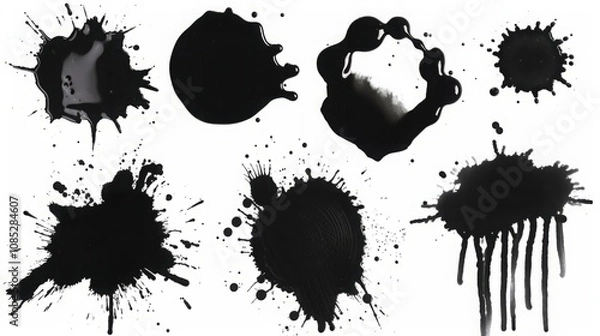 Fototapeta Black ink splashes and drips on white background. Abstract liquid stains in various shapes for creative and artistic designs. Generative AI