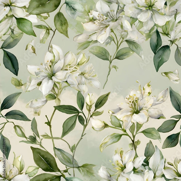 Fototapeta jasmine blossoms rendered in abstract form, using creamy white washes. Delicate ink strokes offer 