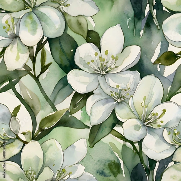 Fototapeta jasmine blossoms rendered in abstract form, using creamy white washes. Delicate ink strokes offer 