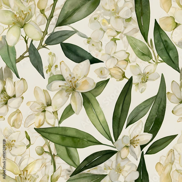 Fototapeta jasmine blossoms rendered in abstract form, using creamy white washes. Delicate ink strokes offer 
