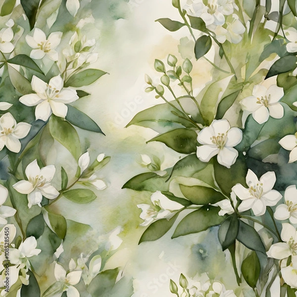 Fototapeta jasmine blossoms rendered in abstract form, using creamy white washes. Delicate ink strokes offer 