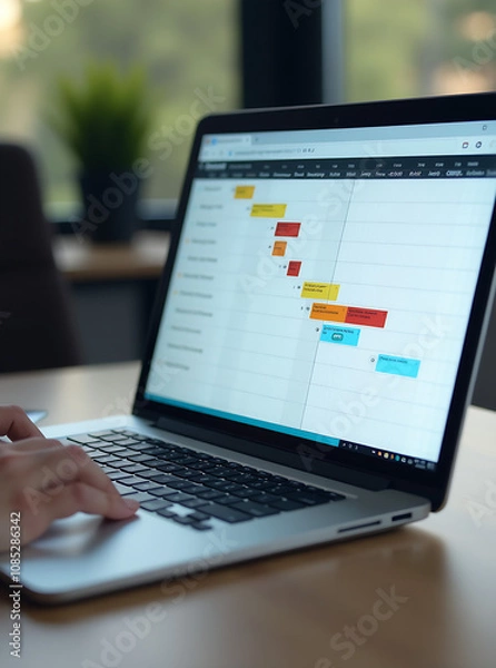 Fototapeta Project management, planning for software development, resources and budget planning, project schedule diagram, gantt chart for work deadline concept, computer laptop with project management software