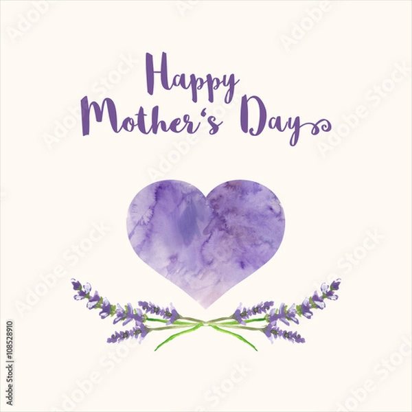 Fototapeta Greeting card with text Happy Mother's Day, heart filled by watercolor texture and handpainted lavender