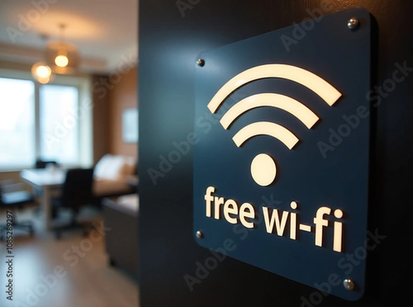 Fototapeta sign with a Wi-Fi symbol and the text "Free Wi-Fi" informing guests of complimentary internet access in the facility.