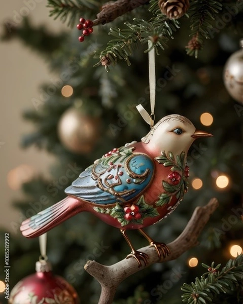 Fototapeta A close-up of a beautifully crafted silver Christmas ornament resting on a polished wooden table. The ornament features intricate frosted designs and delicate glittering patterns. In the background, a