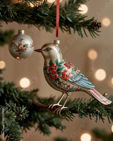 Fototapeta A close-up of a beautifully crafted silver Christmas ornament resting on a polished wooden table. The ornament features intricate frosted designs and delicate glittering patterns. In the background, a