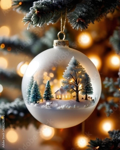 Fototapeta A close-up of a beautifully crafted silver Christmas ornament resting on a polished wooden table. The ornament features intricate frosted designs and delicate glittering patterns. In the background, a