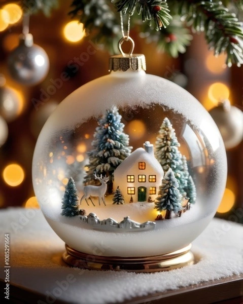 Fototapeta A close-up of a beautifully crafted silver Christmas ornament resting on a polished wooden table. The ornament features intricate frosted designs and delicate glittering patterns. In the background, a