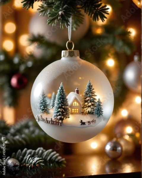 Fototapeta A close-up of a beautifully crafted silver Christmas ornament resting on a polished wooden table. The ornament features intricate frosted designs and delicate glittering patterns. In the background, a