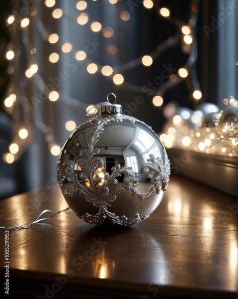 Fototapeta A close-up of a beautifully crafted silver Christmas ornament resting on a polished wooden table. The ornament features intricate frosted designs and delicate glittering patterns. In the background, a