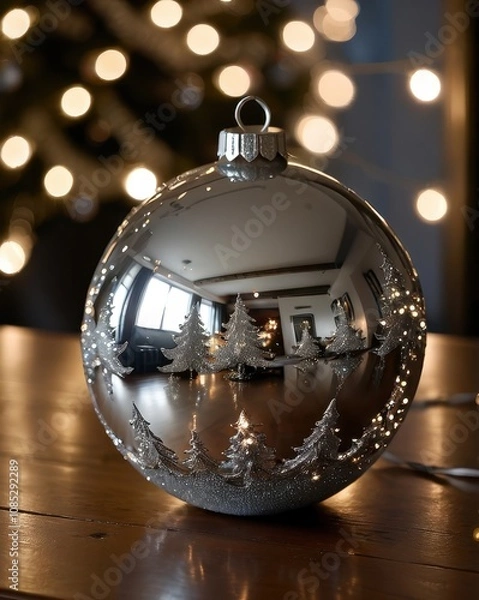 Fototapeta A close-up of a beautifully crafted silver Christmas ornament resting on a polished wooden table. The ornament features intricate frosted designs and delicate glittering patterns. In the background, a