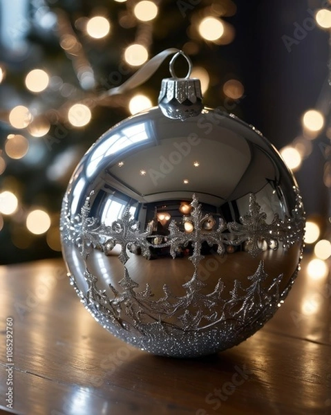 Fototapeta A close-up of a beautifully crafted silver Christmas ornament resting on a polished wooden table. The ornament features intricate frosted designs and delicate glittering patterns. In the background, a