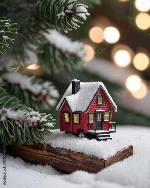 Fototapeta A close-up of a beautifully crafted silver Christmas ornament resting on a polished wooden table. The ornament features intricate frosted designs and delicate glittering patterns. In the background, a