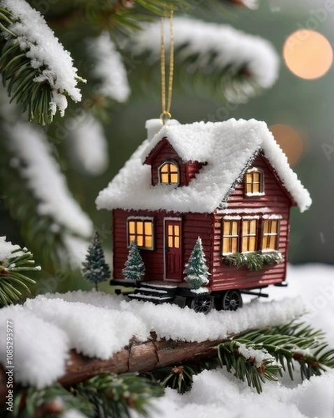 Fototapeta A close-up of a beautifully crafted silver Christmas ornament resting on a polished wooden table. The ornament features intricate frosted designs and delicate glittering patterns. In the background, a