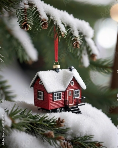Fototapeta A close-up of a beautifully crafted silver Christmas ornament resting on a polished wooden table. The ornament features intricate frosted designs and delicate glittering patterns. In the background, a