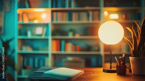 Fototapeta A cozy workspace with a lamp, bookshelves, and a plant, creating a warm atmosphere.