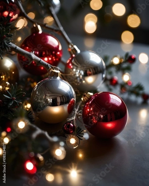 Fototapeta A close-up of a beautifully crafted silver Christmas ornament resting on a polished wooden table. The ornament features intricate frosted designs and delicate glittering patterns. In the background, a