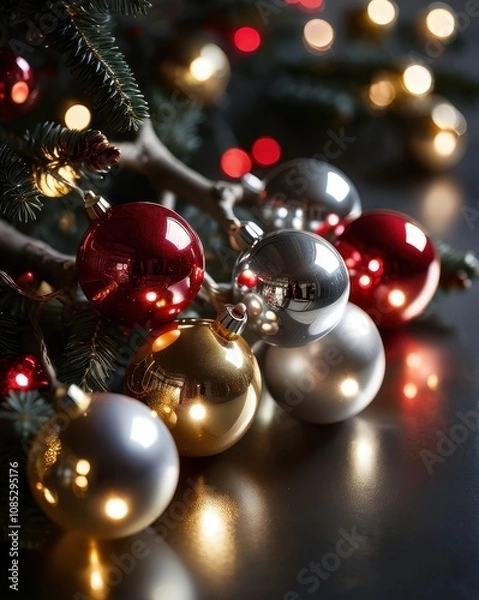 Fototapeta A close-up of a beautifully crafted silver Christmas ornament resting on a polished wooden table. The ornament features intricate frosted designs and delicate glittering patterns. In the background, a