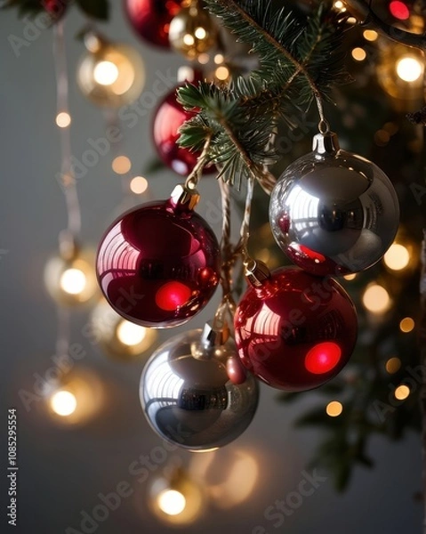 Fototapeta A close-up of a beautifully crafted silver Christmas ornament resting on a polished wooden table. The ornament features intricate frosted designs and delicate glittering patterns. In the background, a