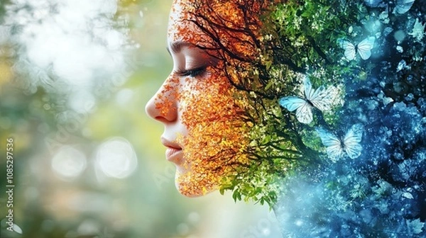 Obraz The four seasons are depicted in a single face, one frame, and single tree using generative AI. idea of nature. An image created digitally 