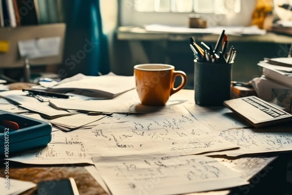 Obraz A messy desk teems with papers and pens, adorned with a coffee cup under soft morning light from a window.