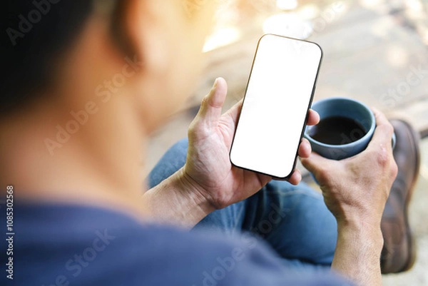 Fototapeta Mobile phone blank white screen mockup.texting using cell phone.background empty space for advertise.work people contact marketing business,technology