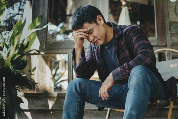 Fototapeta domestic,sad serious illness man.depressed emotion panic attacks alone sick people fear stressful crying.stop abusing violence,help person with health anxiety,thinking bad frustrated exhausted
