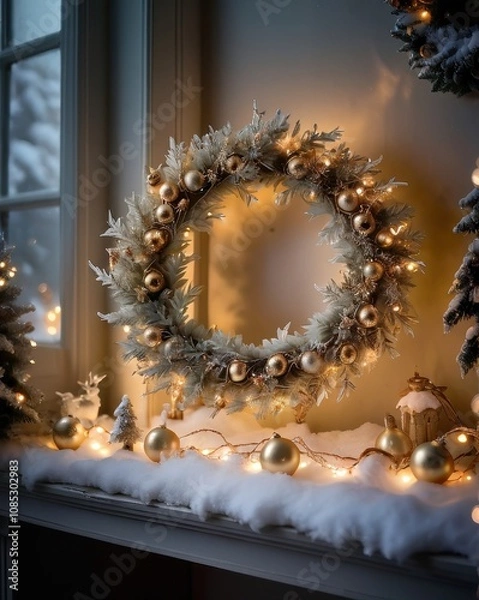 Fototapeta A close-up of a beautifully crafted silver Christmas ornament resting on a polished wooden table. The ornament features intricate frosted designs and delicate glittering patterns. In the background, a