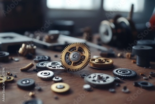 Obraz A complex array of gears and cogs lie scattered on a rustic workbench, embodying intricate engineering and mechanical precision.