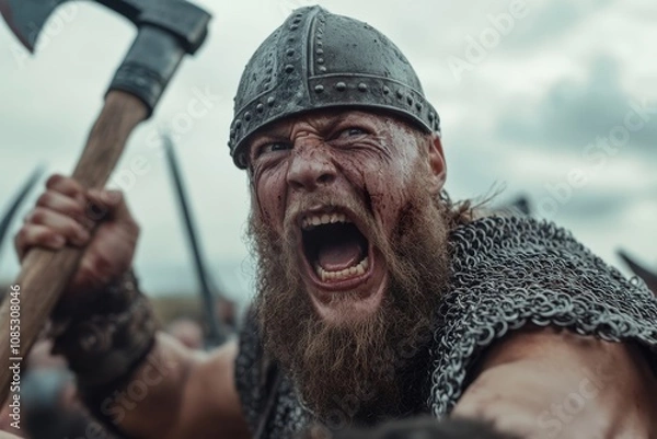 Obraz Fierce Viking warrior in battle attire, with a beard and helmet, ready to charge, exuding intensity and fierce determination.