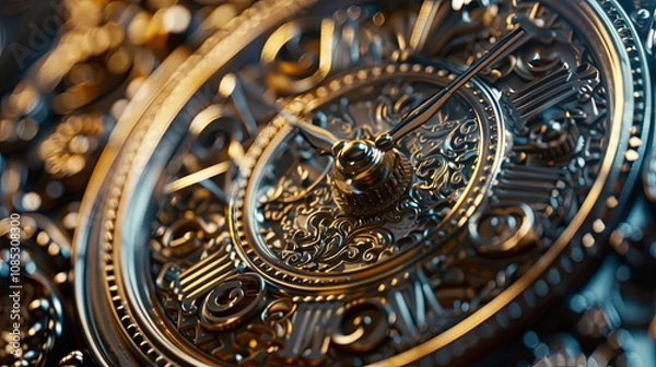 Fototapeta A Close-Up of a Golden Clock Face with Intricate Details, Clockwork , Time , Mechanism , Vintage