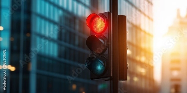 Fototapeta A close-up of traffic lights showing a bright red light