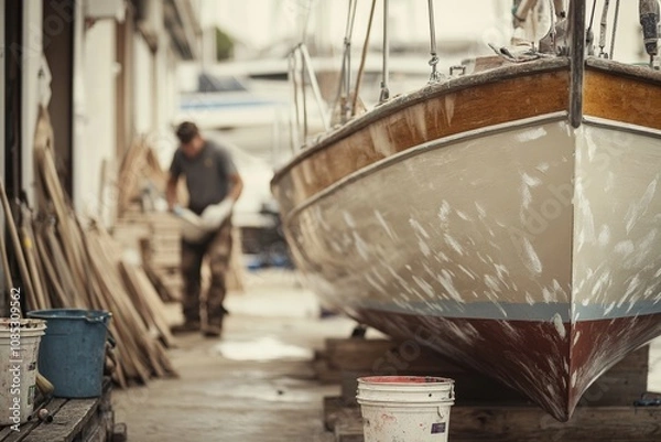 Obraz A craftsman works on a boat at a repair yard, surrounded by tools and materials, illustrating dedication to restoration and craftsmanship.