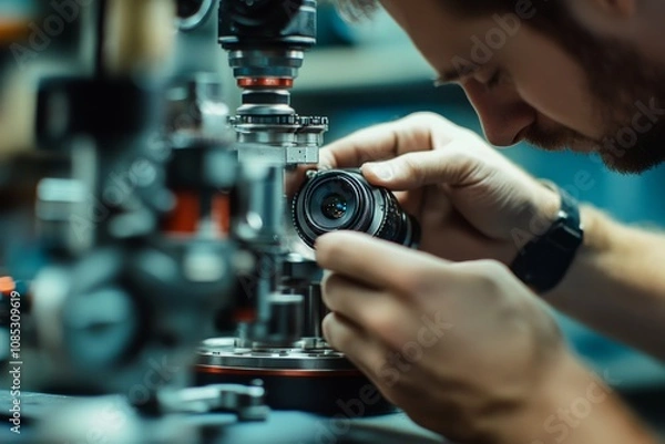 Fototapeta A focused individual meticulously inspects a camera lens amidst an array of sophisticated equipment, capturing a moment of precision and concentration.