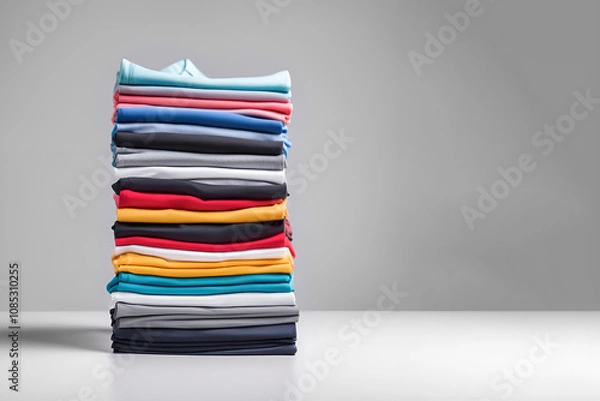 Fototapeta A stack of folded soft, smooth clothes. Multi-colored T-shirts on a light background with space for text. Concept of diversity in the world, lifestyle, order in the house, minimalism.
