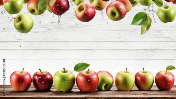 Fototapeta Apples are laid out in a row on a wooden shelf. The fruits are of three colors: red, green and yellow with leaves. They are all ripe and juicy. Illustration with space for text.