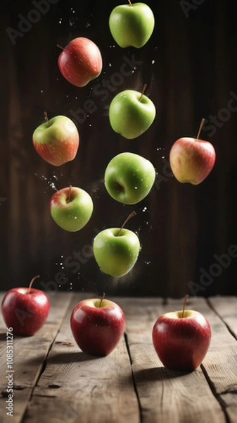 Obraz Apples on a wooden shelf and flying. Fruits of three colors: red, green and yellow with leaves.  Vertical illustration with space for text.