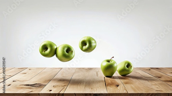 Fototapeta Apples on a wooden table and fly. The fruits are green - ripe and juicy. The background is a white wall. Vertical illustration with space for text.