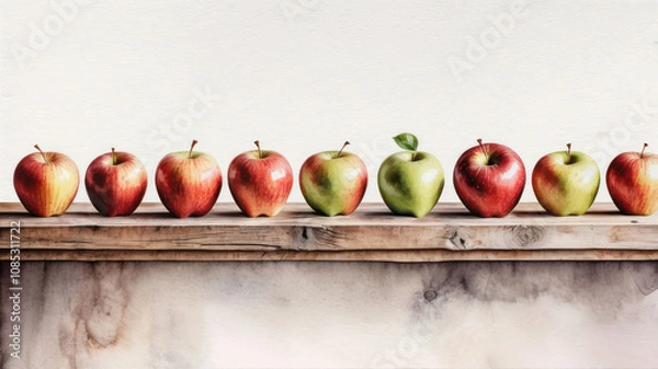 Fototapeta Eight apples are laid out in a row on a wooden shelf. The fruits are of three colors: red, green and yellow with leaves. Illustration with space for text.