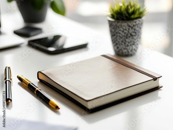 Fototapeta Lying Hardcover Notebook with Minimalist Design Desk Modern Workspace Stationery Calm Environment Focused Viewpoint Aesthetic Concept