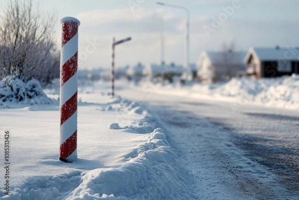Obraz A serene winter road with snow-blanketed surroundings and red-striped poles marking the path, exuding a sense of stillness and calm.