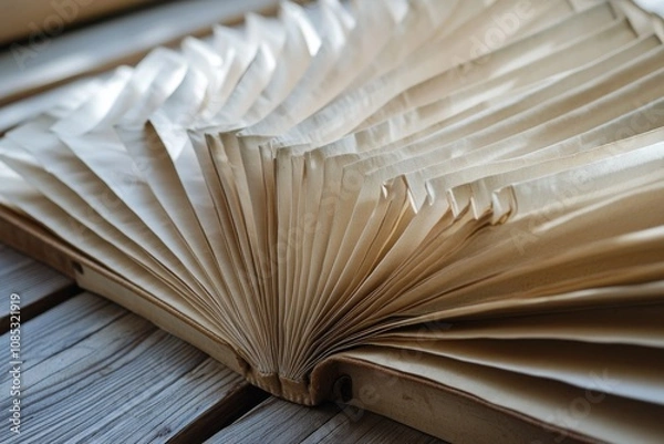 Fototapeta A hardcover book opened halfway lies flat, its pages fanned out in a mesmerizing spiral, creating a sense of movement and rhythm.