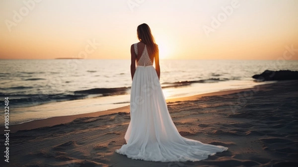Obraz Beautiful woman in white dress standing at the beach. Generative AI.