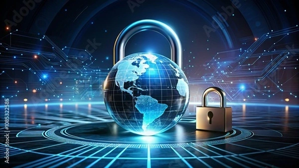Fototapeta Digital Security Concept Featuring a Globe Surrounded by a Lock, Emphasizing Cybersecurity and Data Protection in a Modern Digital World for Stock Photography Use