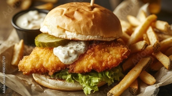 Fototapeta Crispy Fried Fish Sandwich with Fries and Creamy Sauce