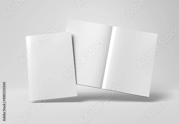 Fototapeta Magazine cover and open magazine mockup on white background. Empty brochure template on blank. 3D rendering