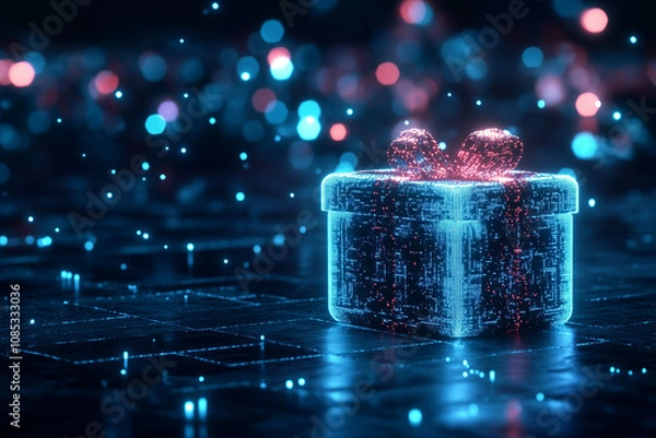 Obraz A glowing, futuristic gift box symbolizing a digital surprise, combining Christmas cheer with holiday technology for a modern festive touch.