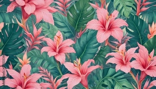 Fototapeta Tropical exotic pattern with animal and flowers in bright colors and lush vegetationn