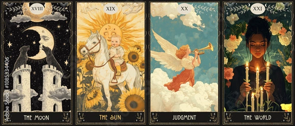 Fototapeta modern vintage style deck of tarot cards. magical predictions of the future, mysterious characters. AI generated	